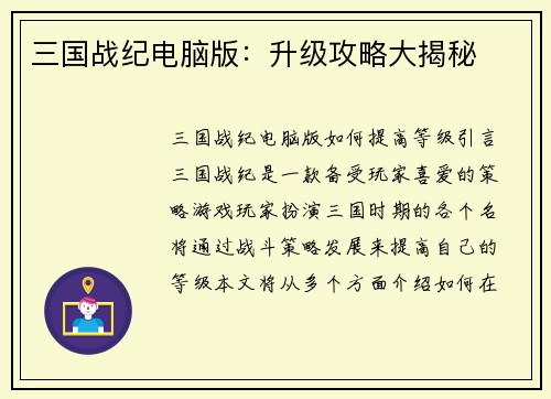 三国战纪电脑版:升级攻略大揭秘